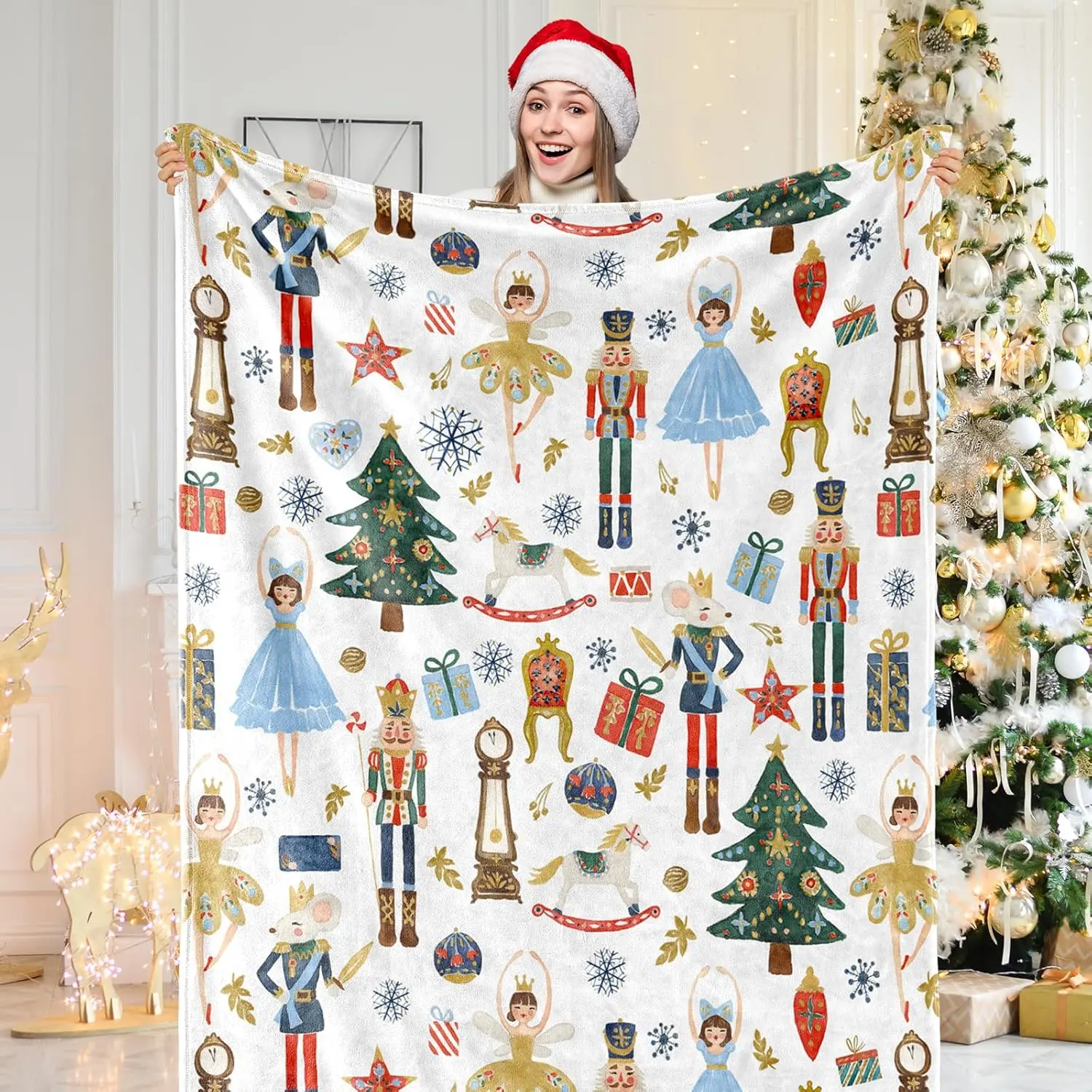 Nutcracker Fuzzy Blanket Christmas Watercolor Nutcracker Throw Blanket Xmas Cartoon Soft Cozy Flannel Blanket for Home Party Bed Sofa Couch, 50 x 60 Inch