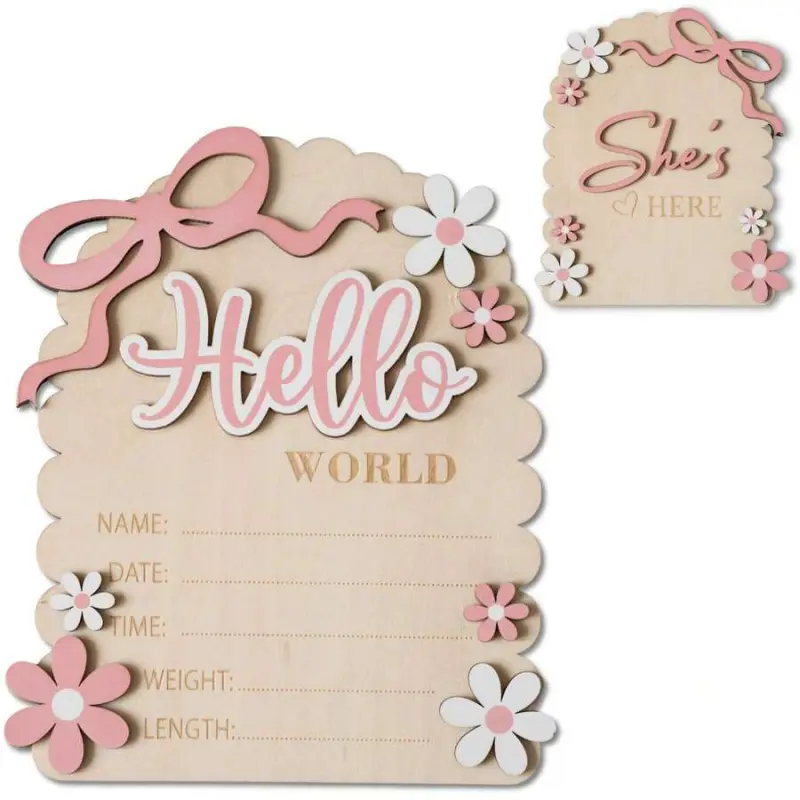 Double-Sided Newborn Baby Announcement Board, Hello World Hospital Sign & She's Here Card, Creative Birth Announcement Ideas, Newborn Photography Props Interchangeable Welcome Sign Wood Sign