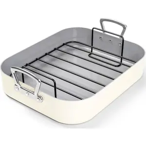 Roasting Pan with Rack, Turkey Roasting Pan with Nonstick Coating, Deep Turkey Roaster Pan, 15 Inch x 13 Inch - Beige