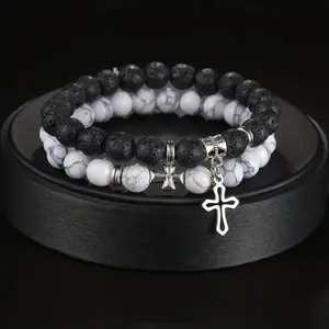 Men Women Turquoise Stone & Volcanic Lava Rock Couple Bracelet Set Adjustable Cross Pendant Bohemian Style Matching Jewelry Gift for Him and Her