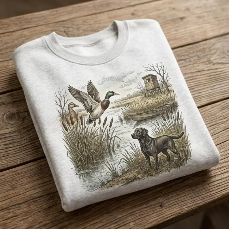 Vintage Black Lab Shirt Retro Duck Hunting Sweatshirt Mallard Flying Graphic Hoodie Marsh Waterfowl Nature Art Unisex Tee Gift For Hunter