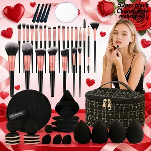 52Pcs Professional Black Makeup Brush Set All In One Multifunctional Beauty Tools Kit With Sponge Powder Puff Headband And Cleaning Bowl For Daily Facial Makeup