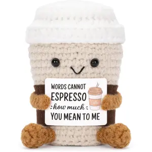 Funny Positive Coffee, Emotional Crochet Doll, Cute Crochet Potato Partner Toy with Positive Card Cheer Up Funny Gag Gifts for Best Friend Birthday Women Teacher Fall（Coffee