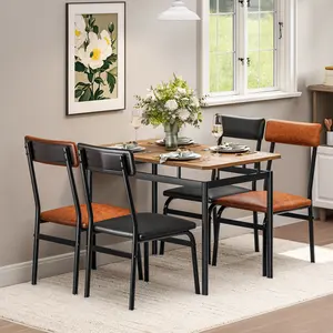 Industrial 5-Piece Dining Table Set, Modern Wooden Kitchen Table with 4 PU Upholstered Chairs, Sturdy Metal Frame, Space-Saving Dining Furniture for Apartment & Home