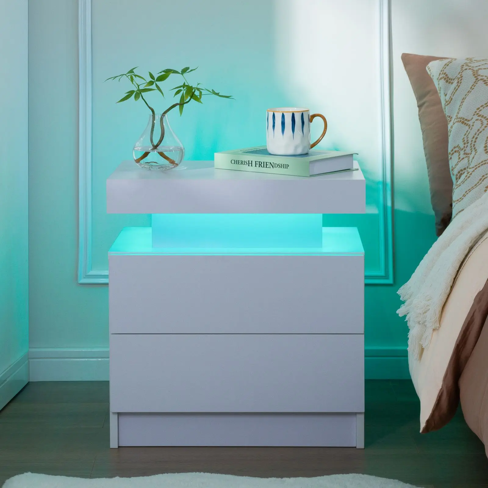 Nightstand LED Bedside Table For Bedroom Modern Night Stand With 2 Wood Drawers End Side Table For Bedroom Furniture Shelf