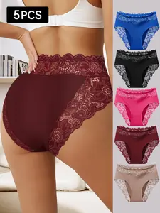 QUASTI Women's 5-Piece Mid-Waist Support Lace Embellished Seamless Briefs - Silky Fabric, Breathable, Elastic Hip-Lifting, Soft Smooth, 5 Pcs/5 Mix Colors, Patchwork, Suitable for Daily Wear, S-XXL