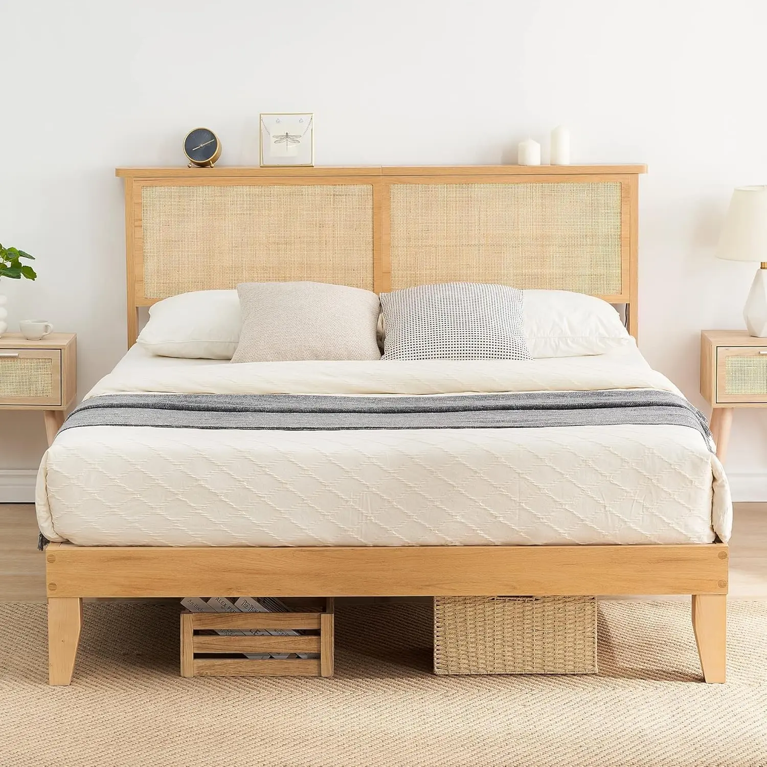 Gaomon Queen Size Bohemian Platform Bed Frame with Rattan Weave Wooden Storage Headboard, Solid Wood Support, Adjustable LED Lighting, Quick Setup, Noise-Free, No Box Spring Needed, 800lb Weight Capacity, Non-Toxic, Platform Bed Design, Queen Size Bed Fra