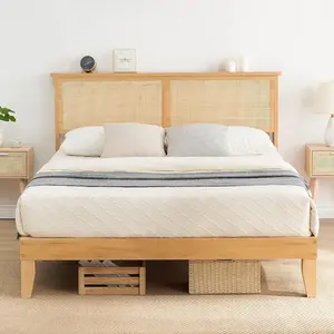 Gaomon King/Queen Size Bohemian Platform Bed Frame with Platform Bed Design, Rattan Weave Storage Headboard (Headboard with Storage), Solid Wood Support, Adjustable LED Lighting, Quick Setup, Noise-Free, No Box Spring Needed