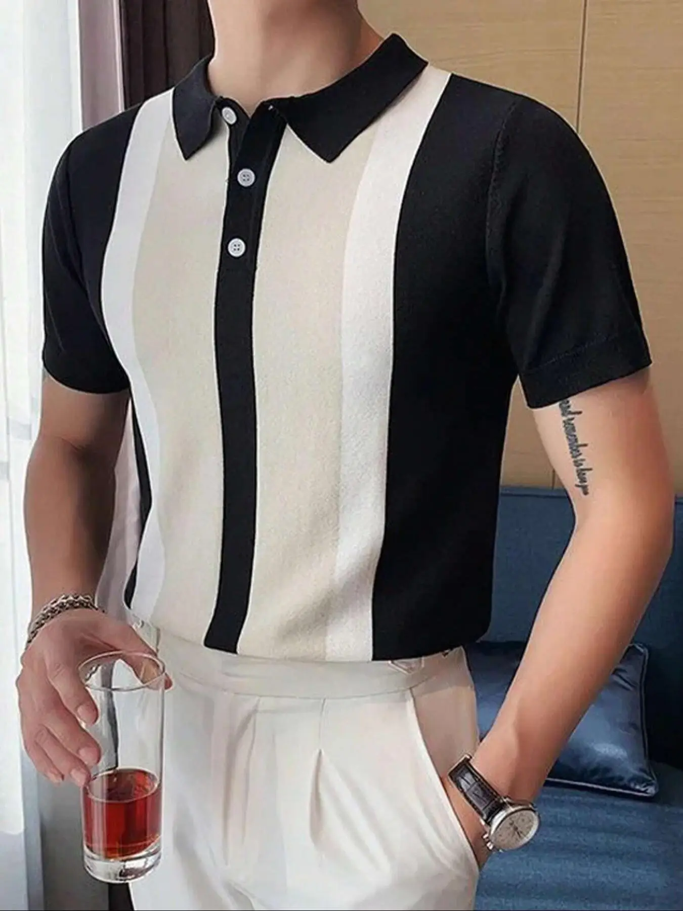 Men's Colorblock Buttons Short Sleeve Polo Knit Top, Summer Clothes, Regular Fit Casual Fashion Collared Knit Top for Summer, Men's Knitwear for Daily