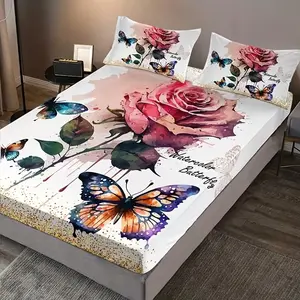 3pcs Floral Butterfly Bedding Set, High-Quality Digital Print Floral Sheets and Pillowcases, All Seasons, Ideal for Bedroom