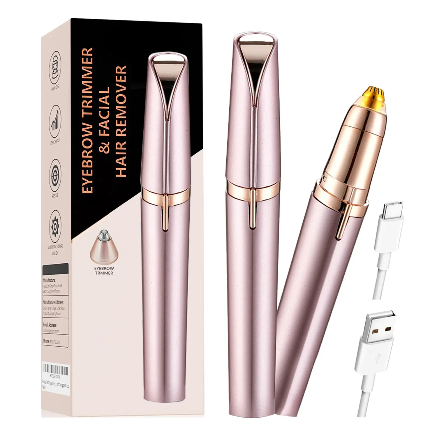 2 Pack Rechargeable Eyebrow Trimmer, Pain-Free Face Hair Remover for Women with LED Light, Pinpoint Precision Shaver, USB Charging, Rose Gold, Adults, Pinpoint Precise, Pain-Free Trim, Gentle Blade