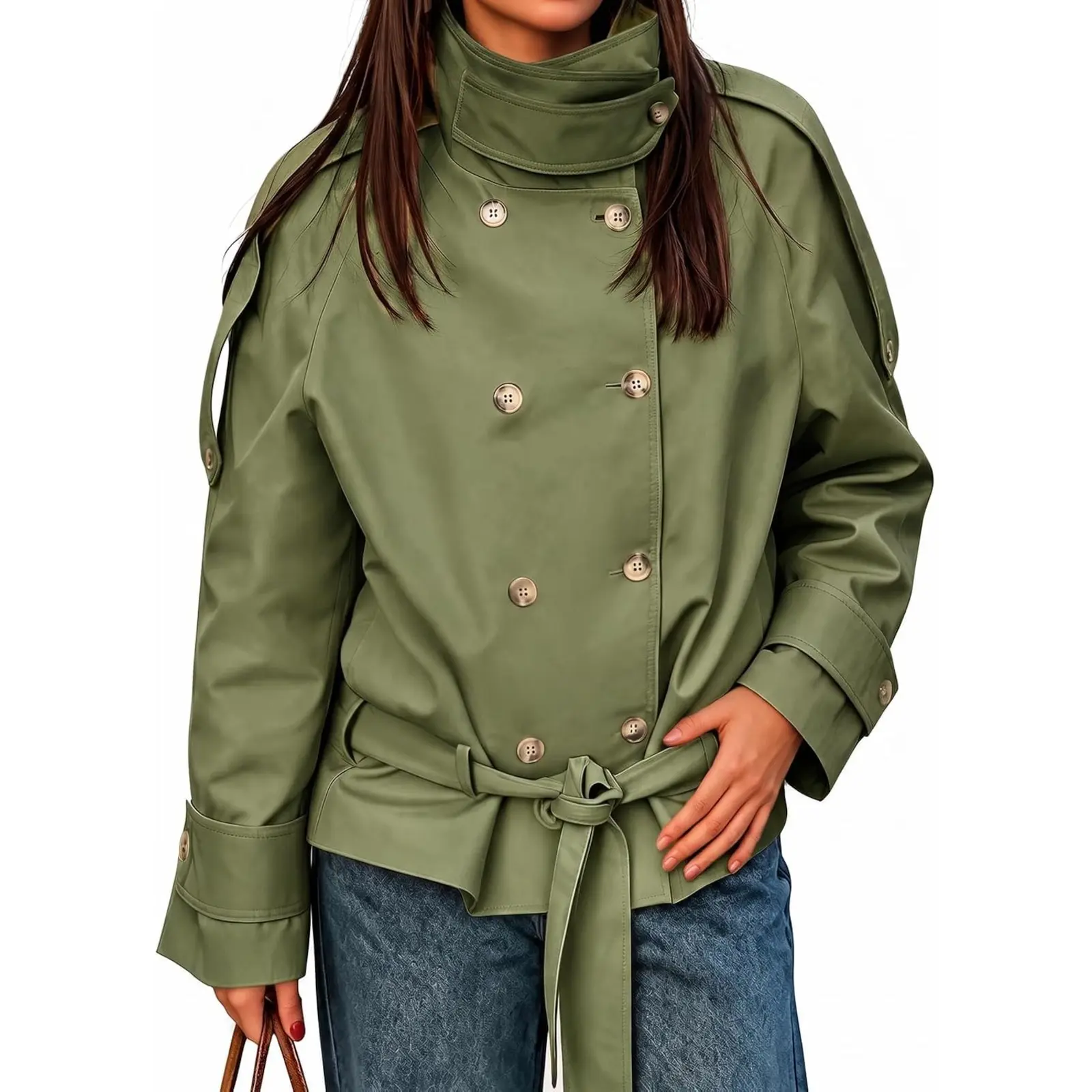 Cicy Bell Womens Short Trench Coats Double Breasted Casual Belt Fall Jacket | Stand Collar, Short Length, Long Sleeve, Loose Fit, Front pockets, Button Down