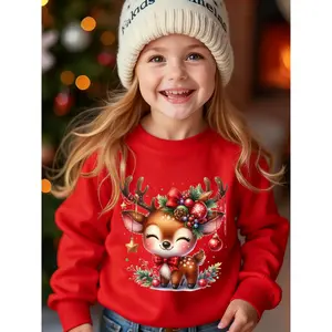 Girls' Christmas Sweater - Soft  with Reindeer & Holly Berry Print, Cozy Winter Sweater for Christmas Party Outfit, Easy-care Holiday Clothing (girls), Christmas Clothes For Girls, Festive Kids Wear, Playful Kids Design