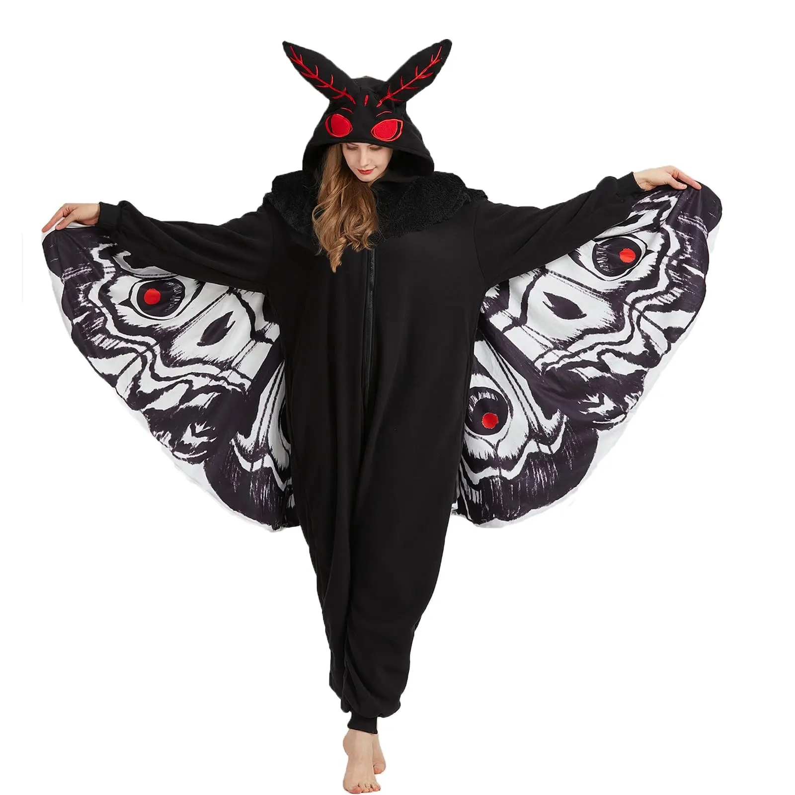 Women's Mothman Onesie Nightwear - Unisex Longsleeves Polyester Polka Dot Jumpsuit, Comfortable Oversized Loungewear, Halloween Costume Pajamas, Great Gift Option