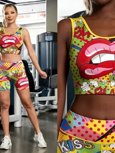 Women's Sporty Bra Shorts Set, Kiss Heart Print, Self-Built Padding, Knit Sports Bra & High Waist Elastic Shorts, Yoga & Exercise, Fitness Outfits, Sports Sets, Athleisure Wear Set