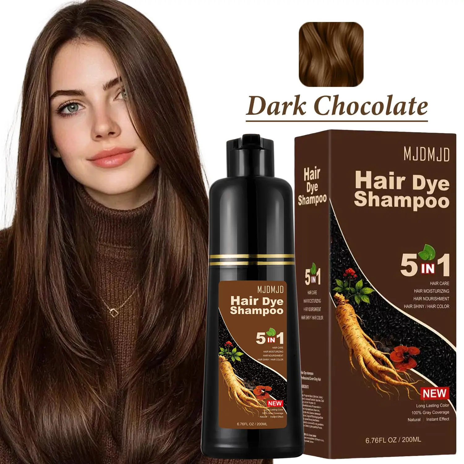 Dark Chocolate Hair Dye Shampoo 5-in-1, 200ml – Natural Plant-Based Formula for Gray Hair Coverage, Semi-Permanent Color, Moisturizing & Nourishing, Instant Hair Color for Women & Men, Easy At-Home Use, Travel-Friendly & Convenient