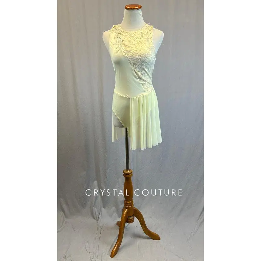 Ivory Lace and Lycra Leotard with Mesh Half-Skirt - Rhinestones