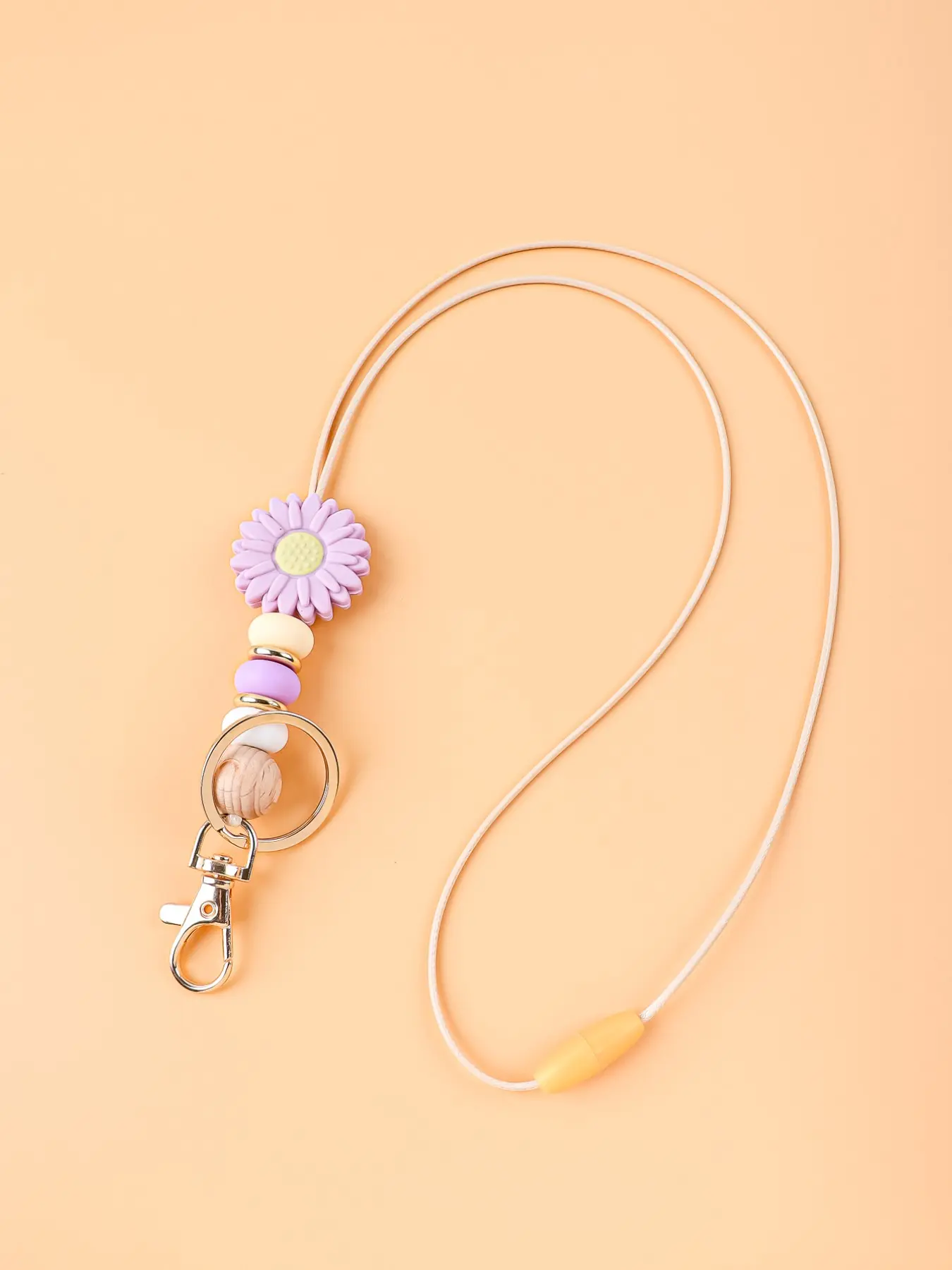 Elegant Daisy Silicone Beaded Lanyard, Adjustable Wood Bead Neck Lanyard with Clip, Cute Anti-Lost ID Badge Holder Key Lanyard for Keys/badge/ID Card