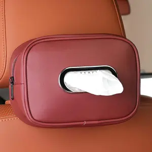 Car Paper Towel Holder, Real Leather Rear Seat Rectangular Box Cover, Adjustable Strap, Waterproof Napkin Sleeve, Hanging Mask Dispenser