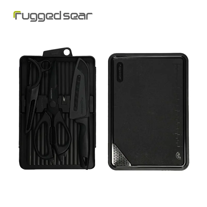 Rugged Sear Portable Camping Cooking Multi-Tool Kit - Compact Set, Functional Pack with Cutting Board, Santoku Knife, Kitchen Shears, Peeler, Compact Storage Case