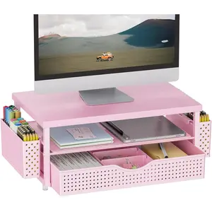 gianotter Wood Monitor Stand Riser, Desk Organizer with Drawer and 2 Pen Holders, 2-Tier Workspace Organizer for Office Supplies(Pink Wood)