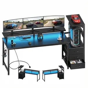 L Shaped Gaming Desk with LED Lights & Power Outlets, 52"/59" Reversible Corner Gaming Table with Drawers, Shelves & Monitor Stand for Streaming Setup, Black
