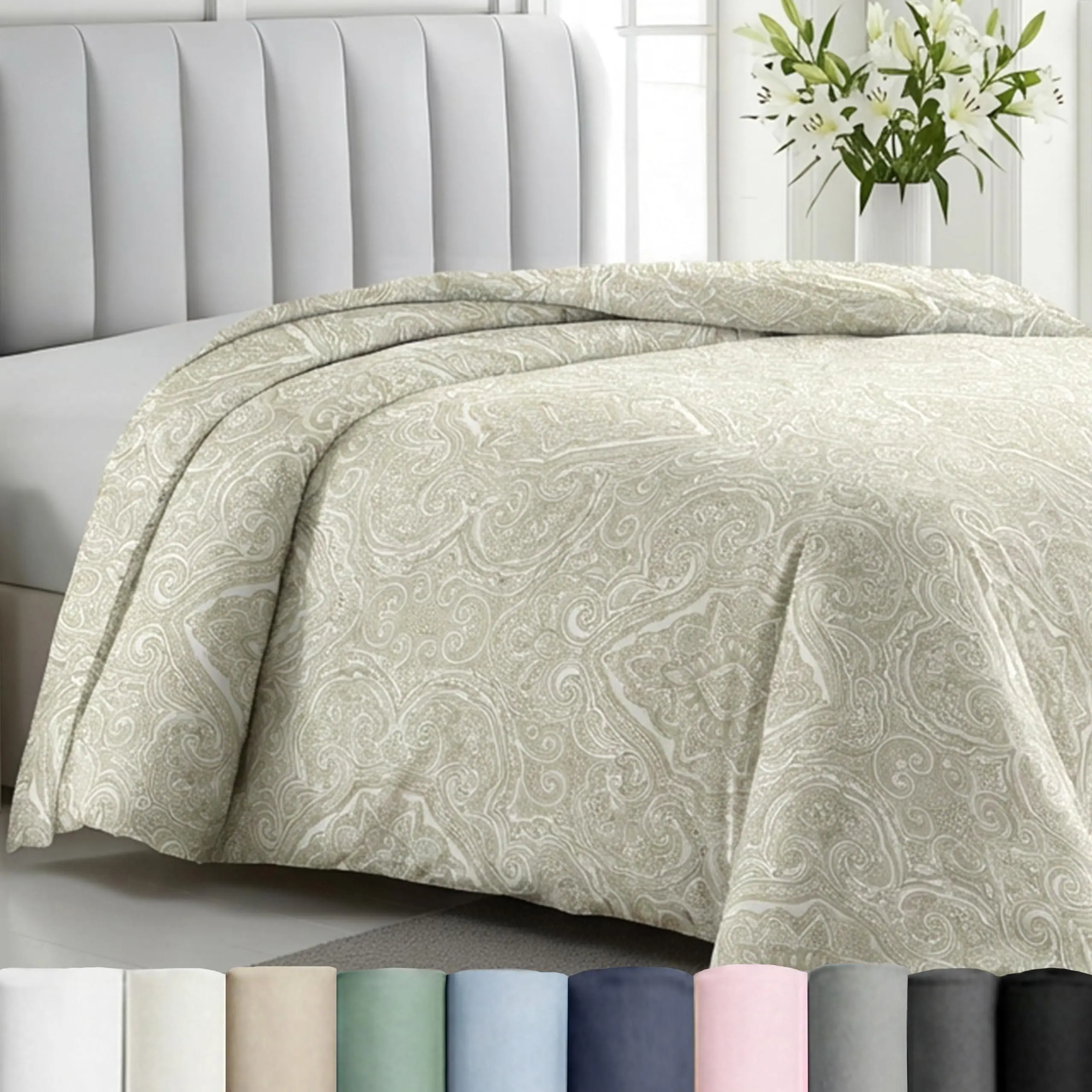 Printed Duvet Cover 400 Thread Count 100% Cotton Sateen - Button Closure, Corner Ties