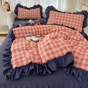 3-Piece Plaid Ruffled Bedding Set, Includes 1 Fitted Sheet & 2 Pillowcases, Korean Style Princess Design, Soft Breathable Fabric for All Seasons, Bedroom Accessories, Bedroom Sets, Atmosphere