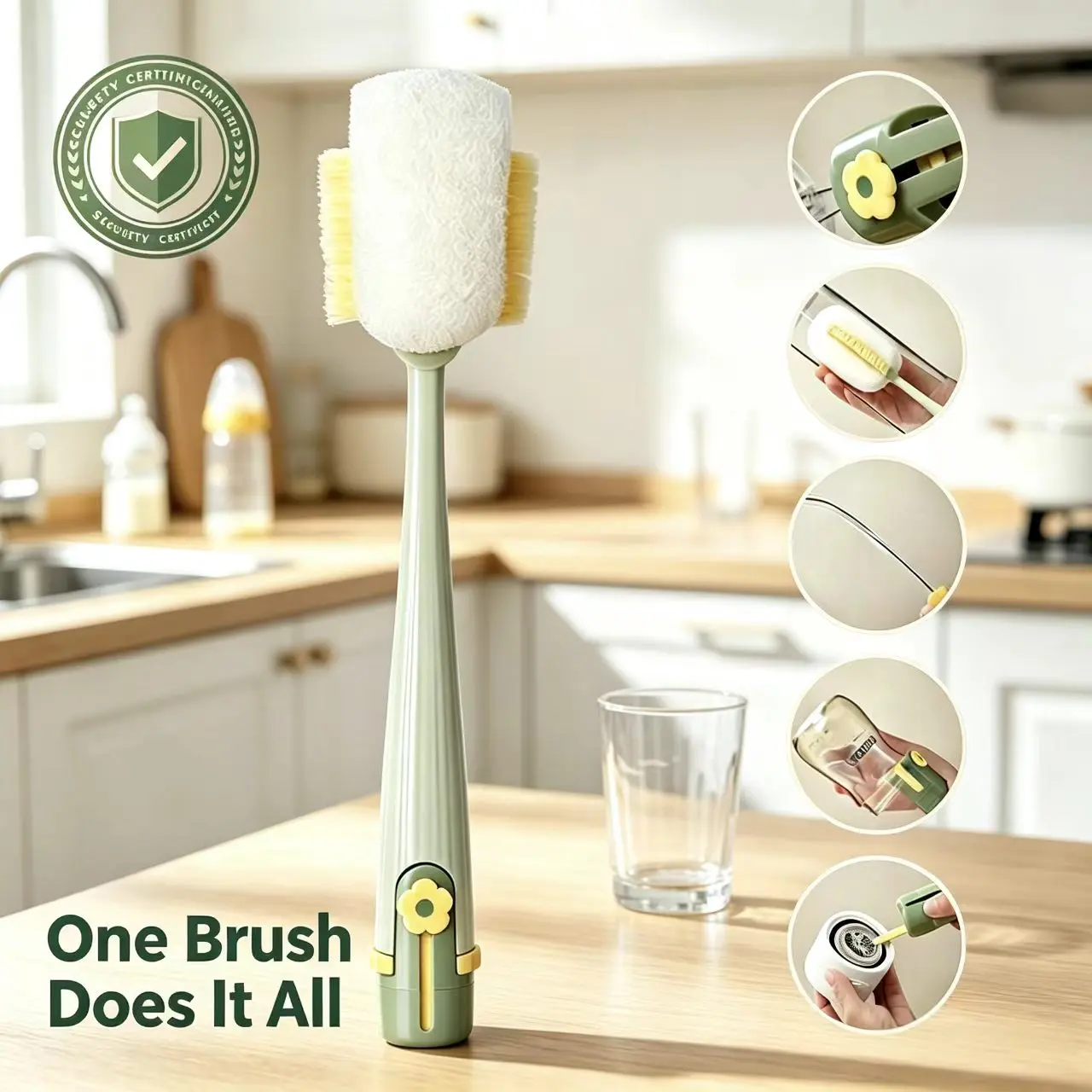 Multifunctional 5-in-1 Bottle Brush – 360-degree long-handled bottle brush,Great for Cleaning Cup Lids & Home Kitchen Chores