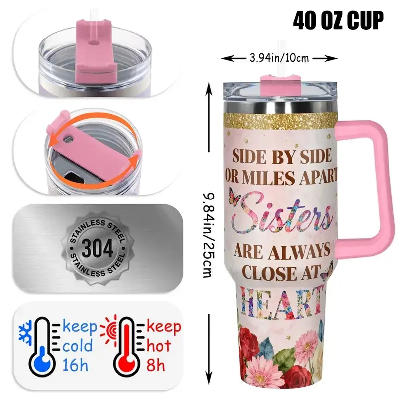 Stainless Steel Insulated Double Wall, Leak Resistant Drinkware Tumbler, 1 Pc 40 oz Water Bottle, Portable, Always My Sister Forever My Friend Floral Design, Double-Layer Leakproof Large-Capacity Cup for Gym, Hiking and Travel