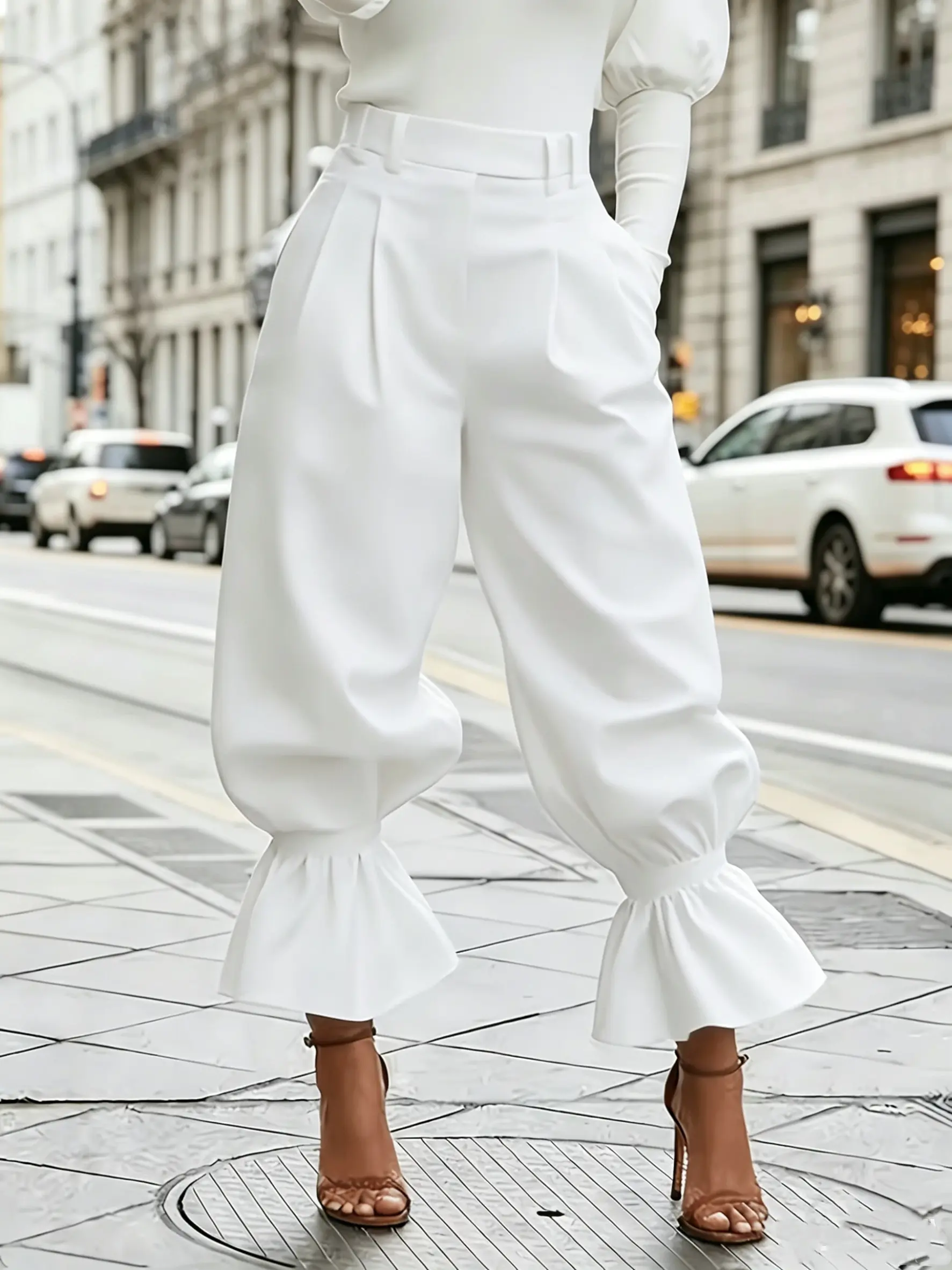 Women's Solid High-Waist Lantern Pants - Chic Lady's Bottom with Ruffle Hem, Pleated Wide-Leg, Pockets, Everyday Elegance, Casual Minimalist Basic Womenswear,womens work pants,everyday pant,trendy fashion design,comfortable office wear