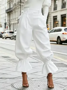 Women's Solid High-Waist Lantern Pants - Chic Lady's Bottom with Ruffle Hem, Pleated Wide-Leg, Pockets, Everyday Elegance, Casual Minimalist Basic Womenswear