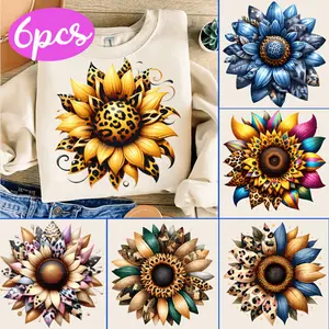 6 Pcs Mixed Color Retro Sunflower Vinyl Heat Transfer Vinyl HTV Patches for Clothing Accessories DIY Washable Iron on Stickers