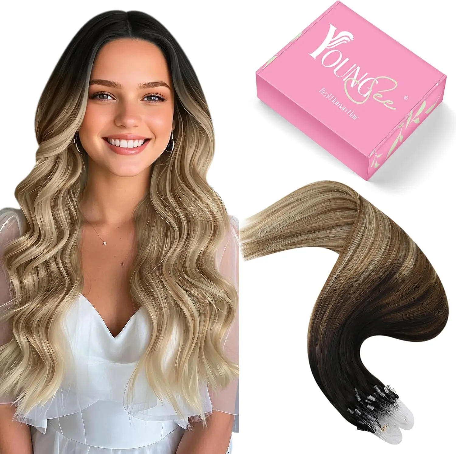 YoungSee Micro Loop Hair Extensions Human Hair micro ring pre bonded Soft and Silky Hair Extensions for Women Micro Ring Extension Human Hair 100% Real Human Hair Summer braids half wig summer hair style glueless wig#summerwins #DealsForYouDays