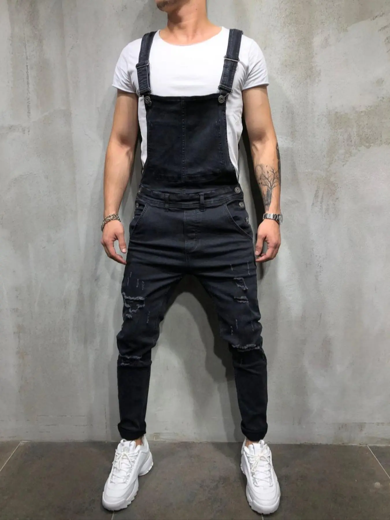 Men's Plain Ripped Pocket Denim Straps Overalls without Tee, Casual Button Denim Overall Pants for Daily Outdoor Wear, Fashion Men's Overalls for All Seasons, Menswear, Front Button Overall