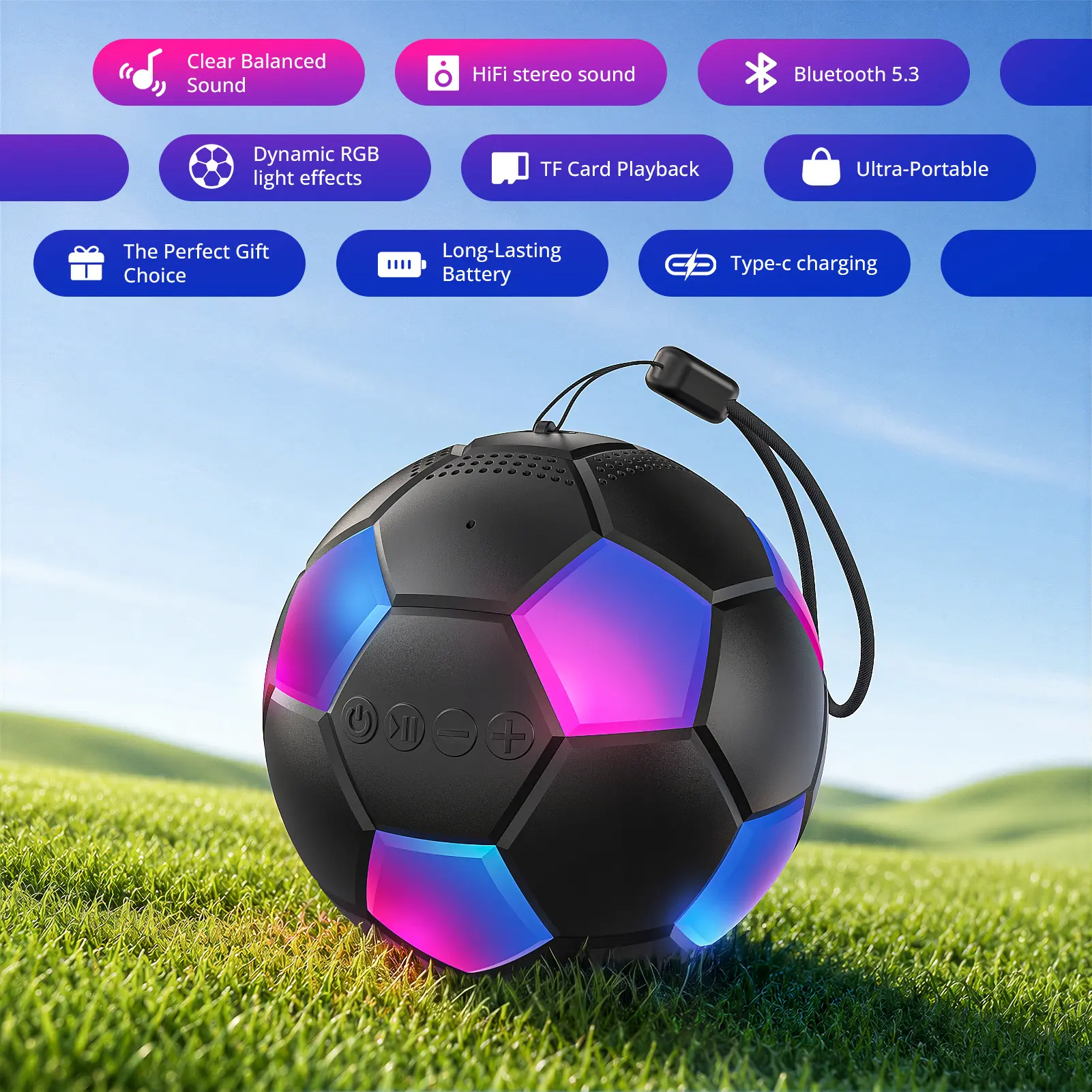 Portable Wireless Colorful Football Bluetooth Stereo Audio Speaker with RGB Lights, Card Support, Clip Design, Stable Connection - Subwoofer Speakers for Game Night, Camping