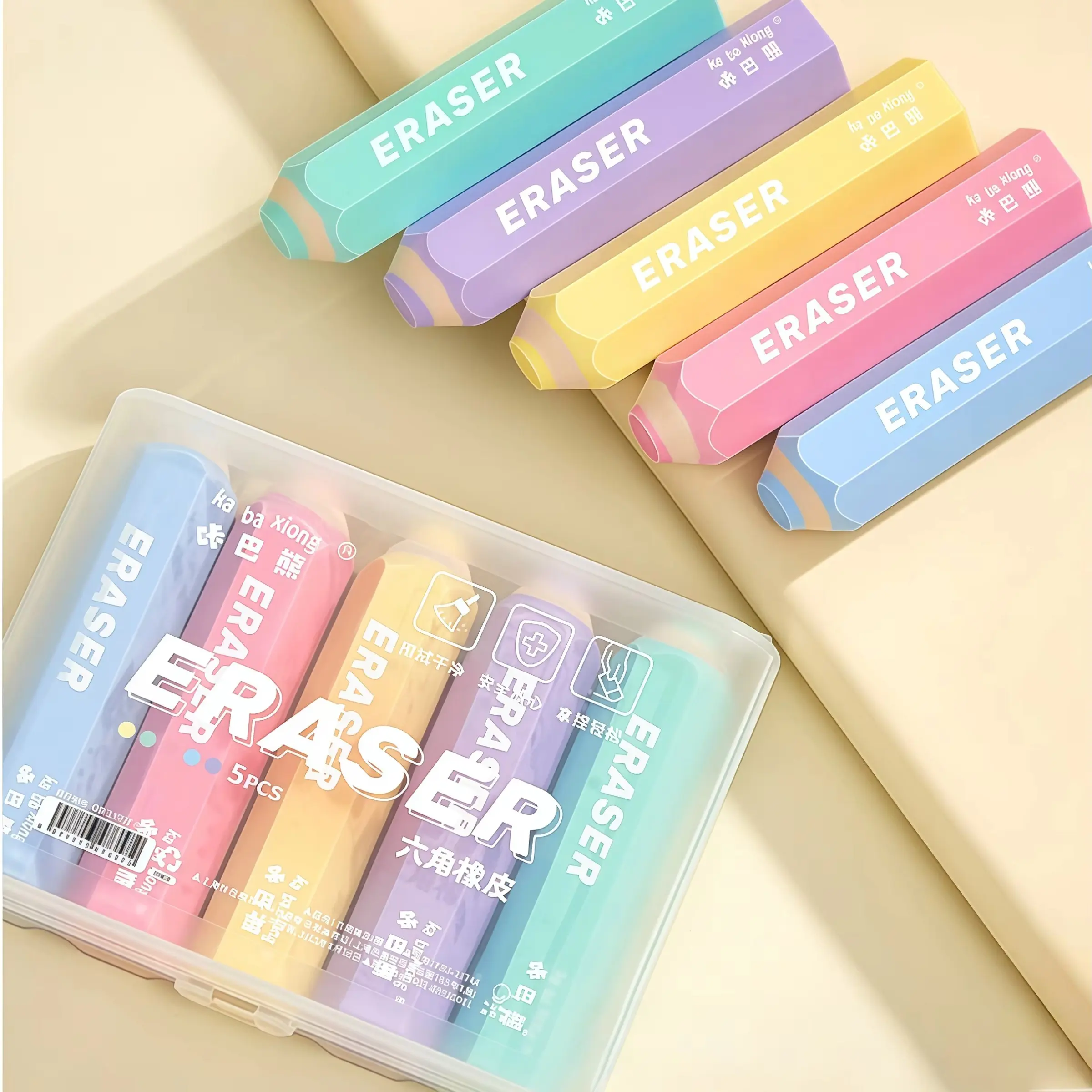 5-Pack Hexagonal Pencil Erasers, Candy Color, Precise Erasing, Anti-Cracking, No Residue, Ideal for Students' Exams, School Supplies