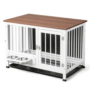 Rebuyhome 31in Dog Crate Furniture, Wooden Dog Crate with 360° Rotating Feeder & Removable Tray, Heavy Duty Pet Crate End Table Decorative Pet Cage for Indoor, Rustic Brown & White