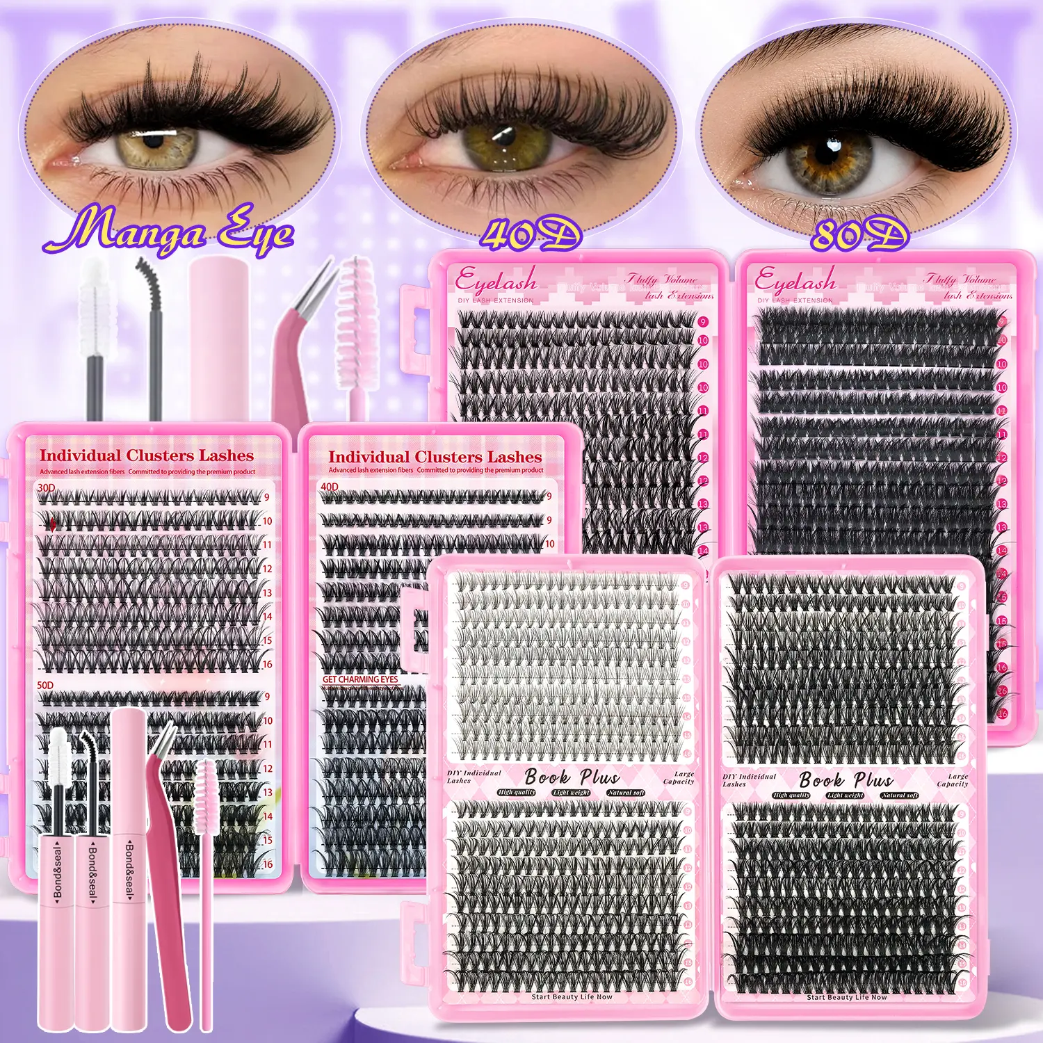 800pcs Individual Lash Clusters Kit, 20D+30D+40D+50D Fluffy Wispy 10-16mm Mixed Length DIY Lash Extension Kit with Bond & Seal +  Tweezers + Brush, Natural At Home Self Grafting False Eyelashes for Beginners[20D-160D Mixed Styles Eyelashes]
