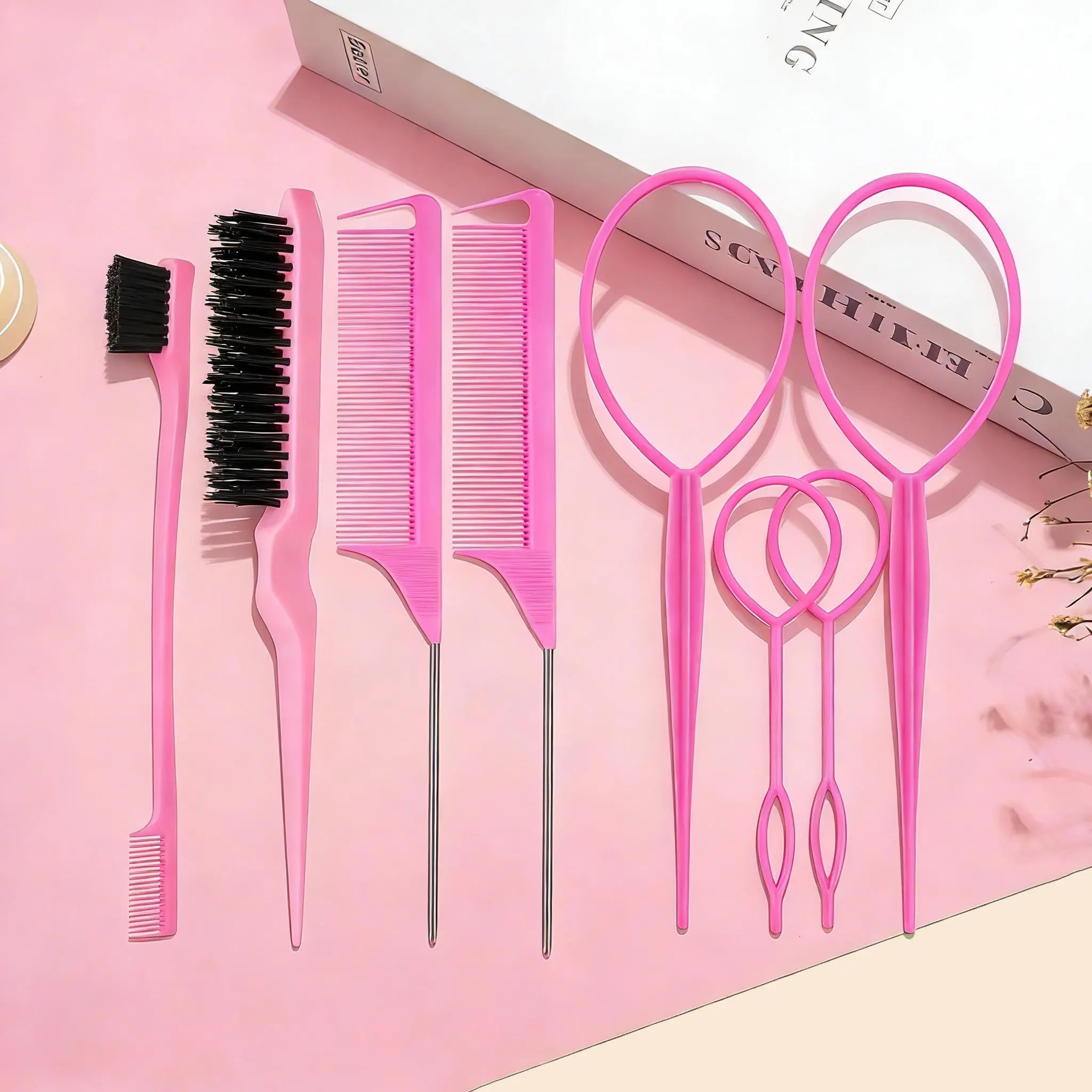 8Pcs Hair Brushes Set with 4Pcs Topsy Hair Tail Tools 1Pcs Bristle Teasing  Brush 1Pcs Edge Control Brush 2Pcs Metal Pin Rat Tail Combs for Woman Girl Styling,Edge&Back Brushing,Pink