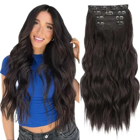 Sohochic AISI HAIR Glueless Clip-in Synthetic Fiber Hair Extensions - 4PCS Double Wefts, 20/24In Black Brown Long Waves/Straight, Heat-Resistant Women's Extensions, Any Occasion, Can Be Cut, Permed, and Washed