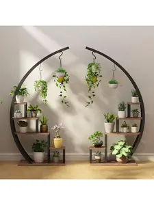 5 Tier Half-Moon Plant Stand Indoor & Outdoor, 2 Pack Metal Hanging Shelves for Home Decor, Brown/Black, Easy Assembly, 8 Pot Capacity