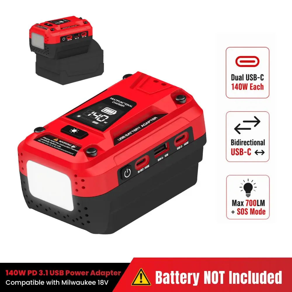 Azocek 140W PD 3.1 Fast Charging USB Adapter for Milwaukee 18V Battery, 2-in-1 Bidirectional Battery Charger & Power Station with Dual USB-C, 18W USB-A, LED Display & Work Light (Battery Not Included)
