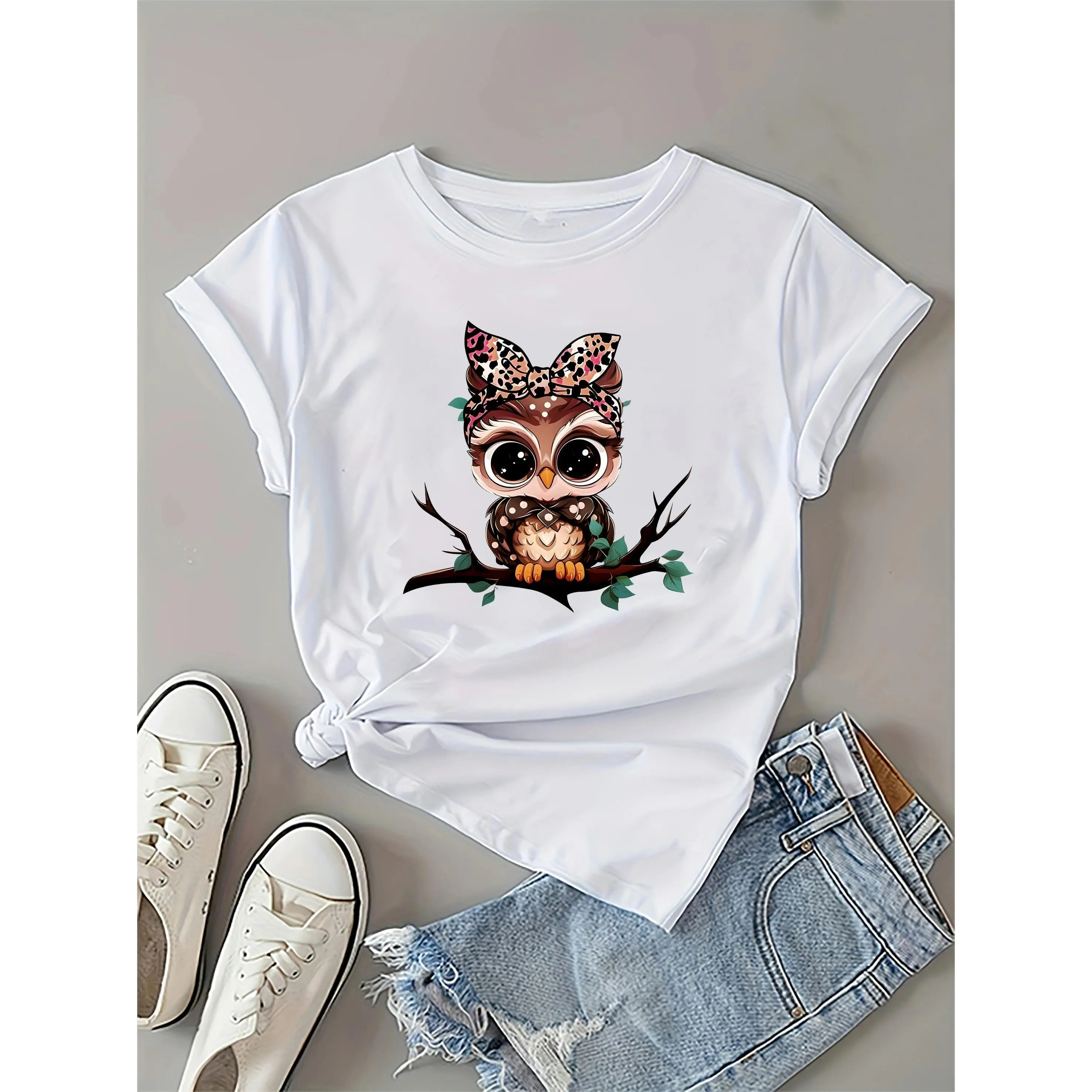 Cartoon Owl Print Crew Neck T-shirt, Short Sleeve Casual Top For Spring & Summer, Women's Clothing