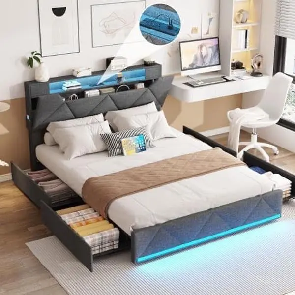 King Size Bed Frame with Headboard and LED Lights for Bedroom Use