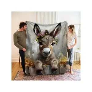 Adorable Donkey with Floral Crown Soft Flannel Throw Blanket
