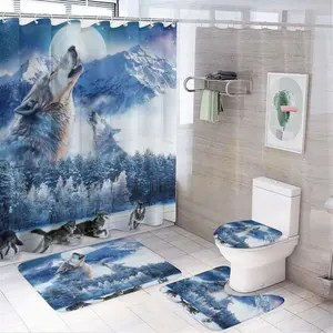 Fantasy Forest Galaxy Wolf 4 Pieces Shower Curtain Set,Modern Winter Misty Snowy Mountain Wolves Howling Non-Slip Rugs Toilet Lid Cover Bath Mat and Bathroom Curtain