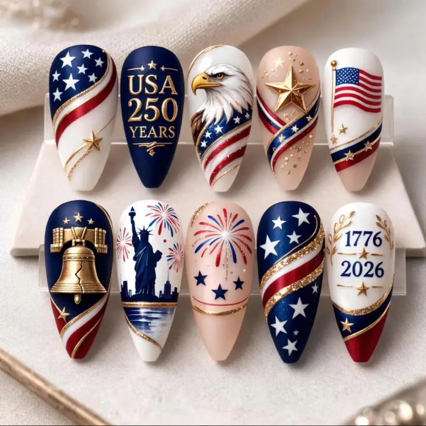 USA 250 Years Patriotic Press On Nails Handmade American Flag Eagle Nails Art Gif For 4th Of July