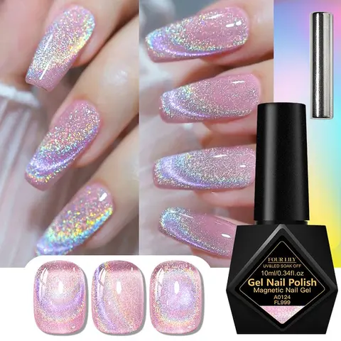 FOURLILY Rainbow Cat Eye Gel Nail Polish with Magnet Stick, Gel Nail Polish With Uv Light, Holographic Glass Bead Magnetic UV Gel, Soak Off Nail Varnish for DIY Home & Salon Manicure, Nail Art, Y2K Nails, Nail Art Products