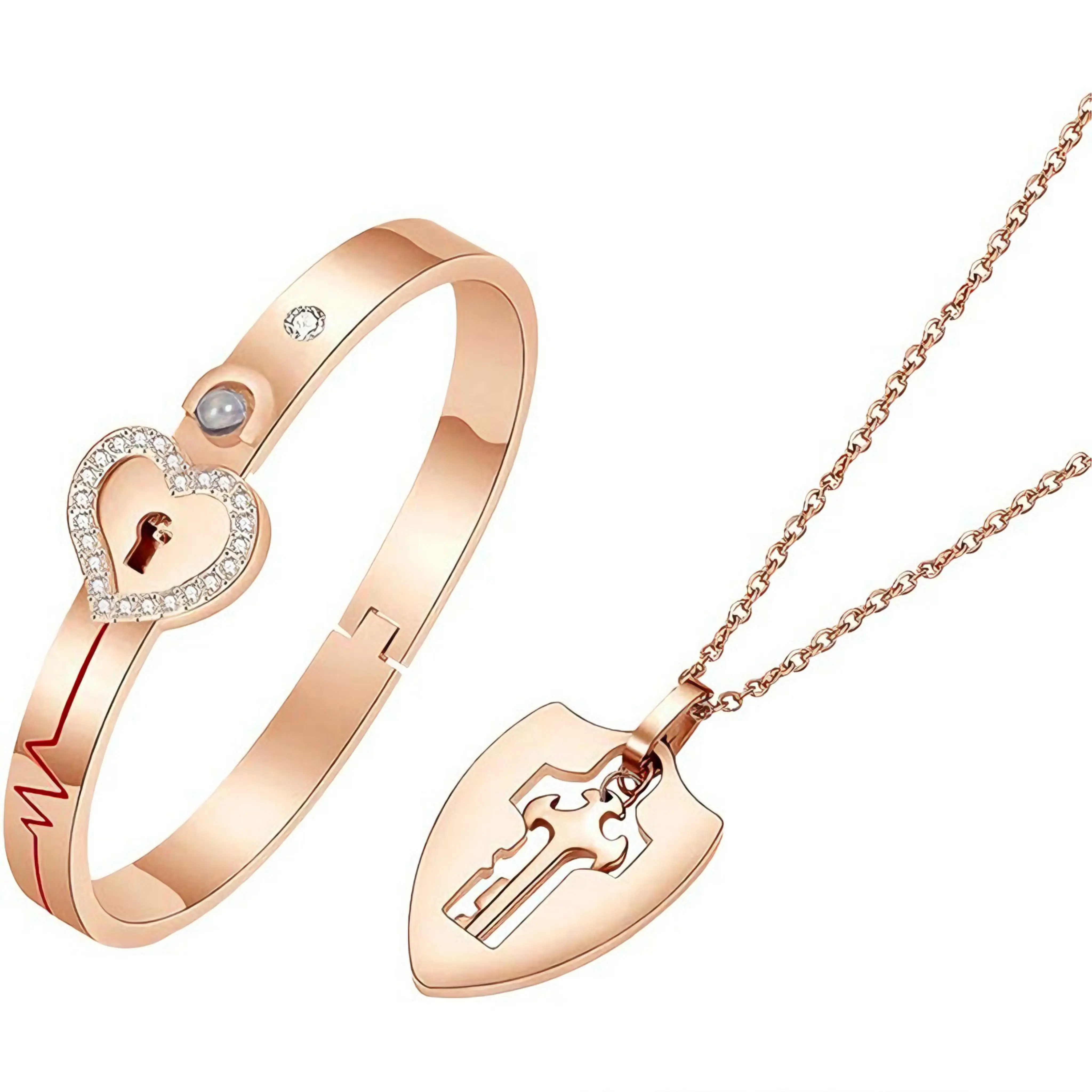 Heart Lock Bracelet & Key Necklace Set, Titanium Steel Couple Jewelry, Matching His and Hers Accessories, Anniversary Valentine’s Day Gift